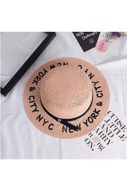 Women Summer Solid Middle Brim Letter Patchwork Bucket Hat Straw Sun Hat