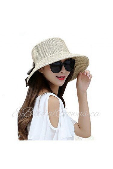 Women Summer Autumn Solid Straw Bowknot Middle Brim Foldable Straw Sun Hat