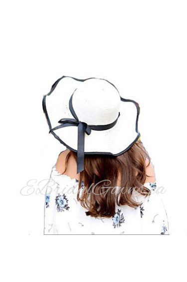 Women Summer Solid Straw Bowknot Middle Wave Brim Foldable Straw Sun Hat 4 Colors Available