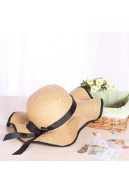 Women Summer Solid Straw Bowknot Middle Wave Brim Foldable Straw Sun Hat 4 Colors Available