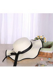 Women Summer Solid Straw Bowknot Middle Wave Brim Foldable Straw Sun Hat 4 Colors Available