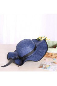 Women Summer Solid Straw Bowknot Middle Wave Brim Foldable Straw Sun Hat 4 Colors Available