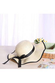 Women Summer Solid Straw Bowknot Middle Wave Brim Foldable Straw Sun Hat 4 Colors Available