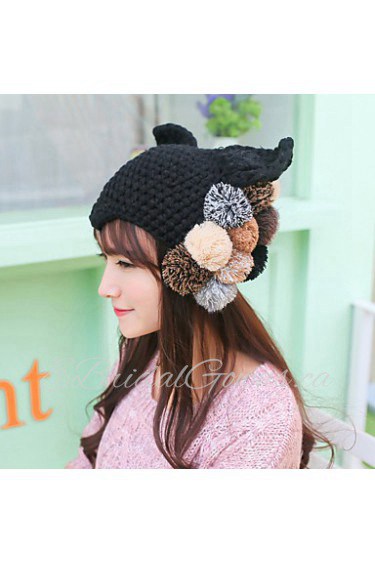 Women Lovely Fur Ball Decorated Devil Angle Orecchiette Wool Knit Hat