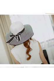 Women Vintage Cute Casual Spring Summer Black And White Striped Bows Hand-woven Straw