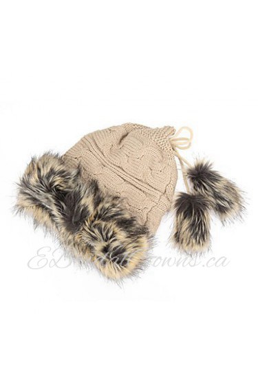 Women Knitted Beanie Faux Fur Drawstring Top Dual Use Hat Scarf Winter Thicken Cap