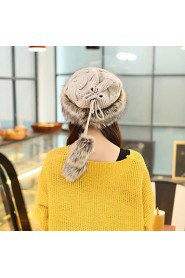 Women Knitted Beanie Faux Fur Drawstring Top Dual Use Hat Scarf Winter Thicken Cap