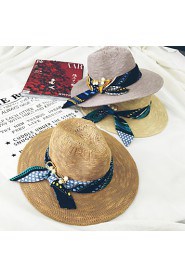 Women Casual Ribbon Straw Middle Brimmed Foldable Sun Hats