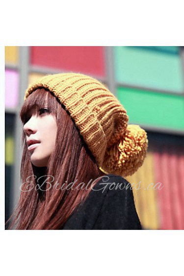 Knitted Solid Color Hat Female Winter Lovely Big Ball Caps