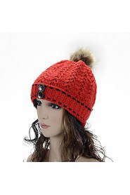 Women Casual Knitting Wool Button Thick Warm Cap