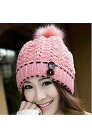 Women Casual Knitting Wool Button Thick Warm Cap