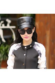 Women PU Pure Color Shiny Flat Cap