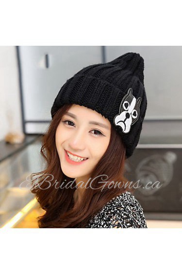 Women Cartoon Puppy Pattern Knit Wool Cap Pointy Warm Patch Hat