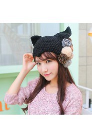 Women Lovely Fur Ball Decorated Devil Angle Orecchiette Wool Knit Hat