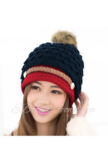 Women Winter Knitted Hat Knit Crochet Faux Fur Pom-Pom Beret Hat Braided Ski Cap