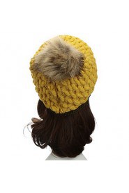 Women Winter Knitted Hat Knit Crochet Faux Fur Pom-Pom Beret Hat Braided Ski Cap