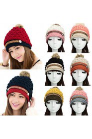 Women Winter Knitted Hat Knit Crochet Faux Fur Pom-Pom Beret Hat Braided Ski Cap