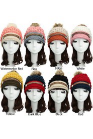 Women Winter Knitted Hat Knit Crochet Faux Fur Pom-Pom Beret Hat Braided Ski Cap