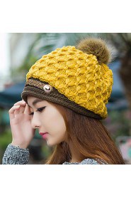 Women Winter Knitted Hat Knit Crochet Faux Fur Pom-Pom Beret Hat Braided Ski Cap