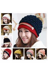 Women Winter Knitted Hat Knit Crochet Faux Fur Pom-Pom Beret Hat Braided Ski Cap