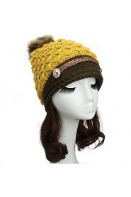 Women Winter Knitted Hat Knit Crochet Faux Fur Pom-Pom Beret Hat Braided Ski Cap