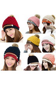 Women Winter Knitted Hat Knit Crochet Faux Fur Pom-Pom Beret Hat Braided Ski Cap