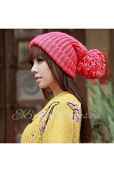 Knitted Solid Color Hat Female Winter Lovely Big Ball Caps