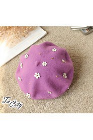 Women Solid Color 100%Wool Beret with Ornament