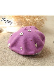 Women Solid Color 100%Wool Beret with Ornament