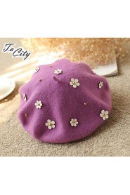 Women Solid Color 100%Wool Beret with Ornament