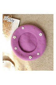 Women Solid Color 100%Wool Beret with Ornament