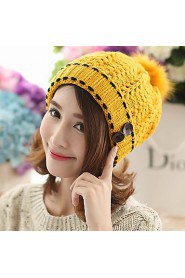 Women Casual Knitting Wool Button Thick Warm Cap