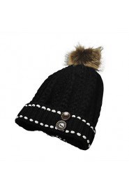 Women Casual Knitting Wool Button Thick Warm Cap