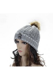 Women Casual Knitting Wool Button Thick Warm Cap