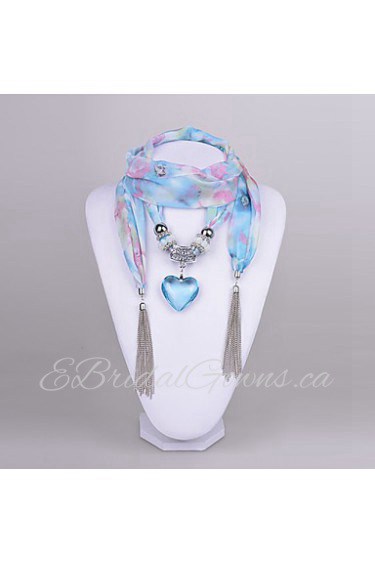 Women's Chiffon Scarf necklace Aquamarine Heart Pendant Scarf Necklace with tassels