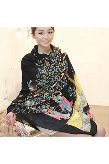 Long Wishing Tree Black Printing Cotton Twill Scarves Fringed Shawl