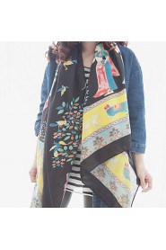 Long Wishing Tree Black Printing Cotton Twill Scarves Fringed Shawl