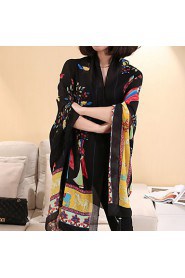 Long Wishing Tree Black Printing Cotton Twill Scarves Fringed Shawl