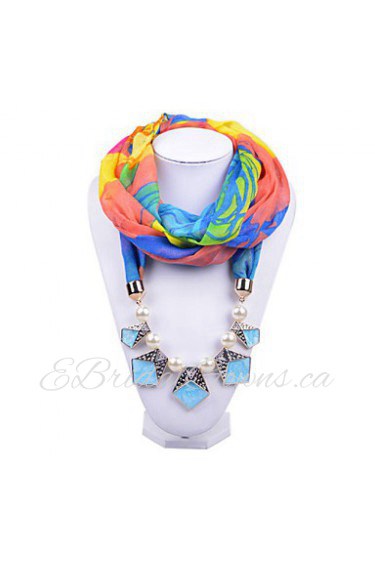 Women Infinity Scarf Necklace Color Block Geometric Printing Chiffon with Pearl Beads Pendant Scarves