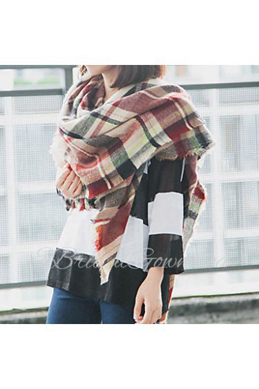 Women Wool Blend Grid Print Scarf , Vintage/ Casual