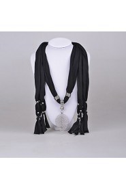 Women's Fashion Cotton Scarves with Alloy Leaf Charms Long Tassel Pendnat Scarf