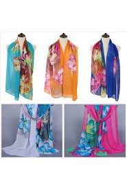 Women Scarf Chiffon Floral Print Contrast Color Block Long Spring Autumn Pashmina