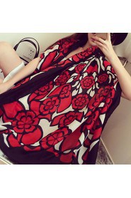 Spring Fashion Chinese Red Large Flower Double-sided Printed Silk Scarf Cotton Oversized Shawl