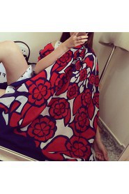 Spring Fashion Chinese Red Large Flower Double-sided Printed Silk Scarf Cotton Oversized Shawl