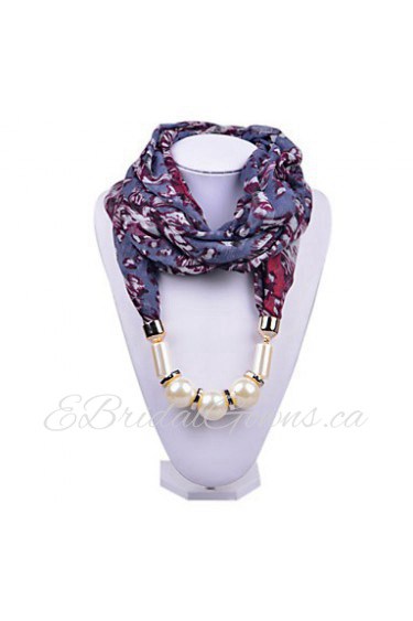 Women Blue Scarf Necklace Personality Floral Printing Chiffon Wraps with Pearl Beads Pendant Scarves