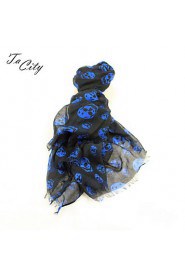 Women Casual Cool Skull Pattern Print Scarf, Black Blue