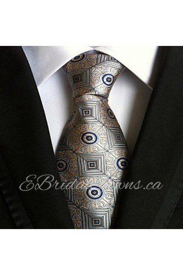 Men Wedding Cocktail Necktie At Work Gray Yellow Pattern Tie