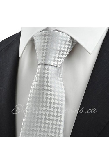 Men's Silver Ash Gray Check Tie Formal Wedding Party Work Casual Necktie With Gift Box