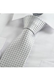 Men's Silver Ash Gray Check Tie Formal Wedding Party Work Casual Necktie With Gift Box