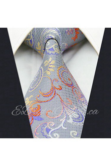 Men's 100% Silk Tie Silver Floral Business Necktie